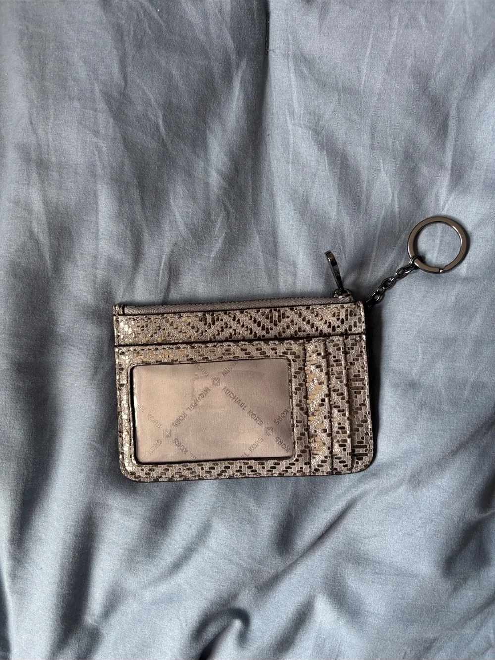 Michael Kors Metallic Taupe Patterned Card Holder Key Ring
